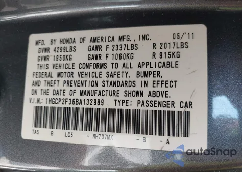 2011 Honda Accord 2.4 Lx from USA, damaged, VIN 1HGCP2F36BA132989